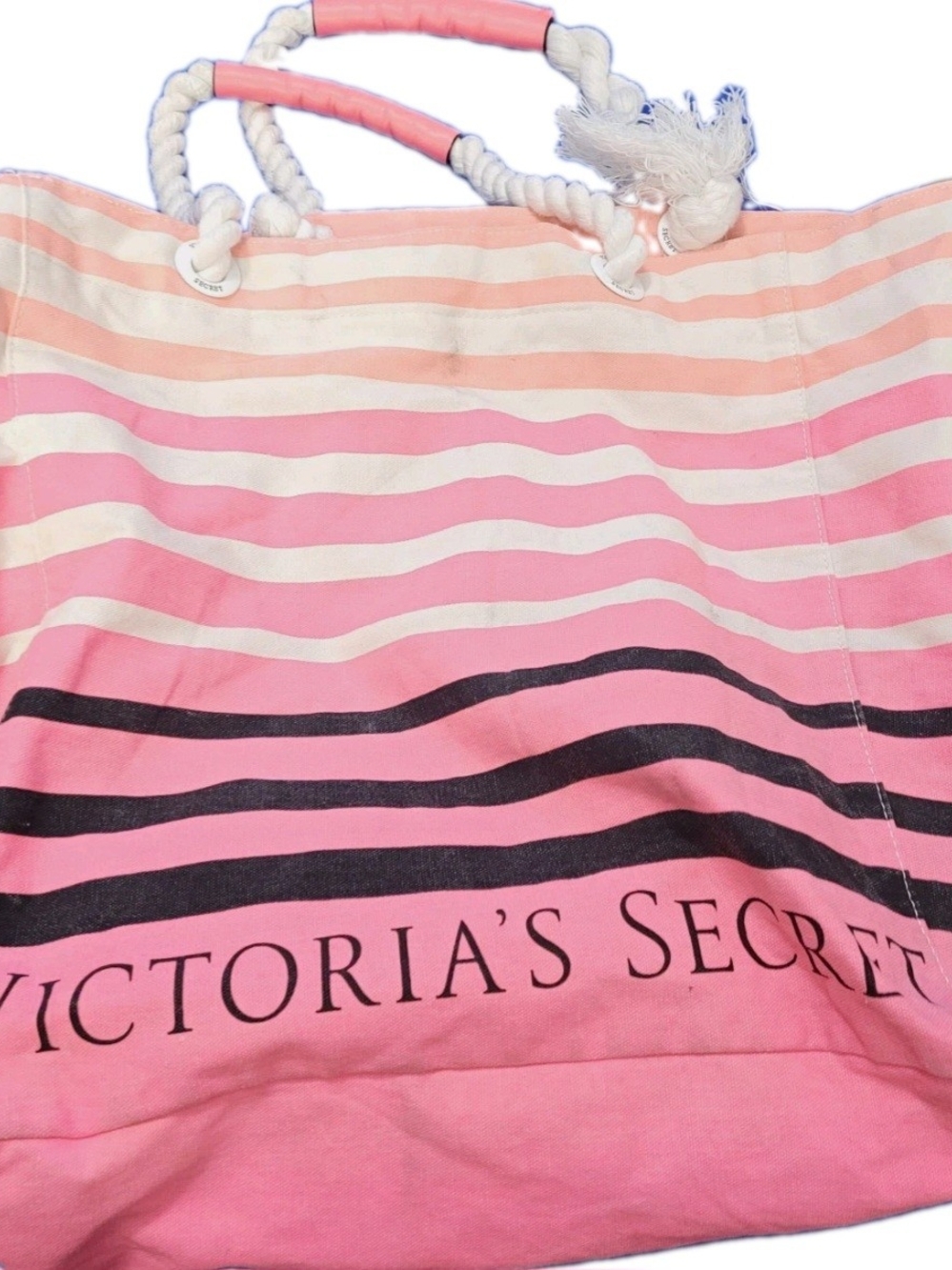 Victoria’s Secret Oversized Striped Canvas Beach Tote Bag Pink Coral Rope Handle